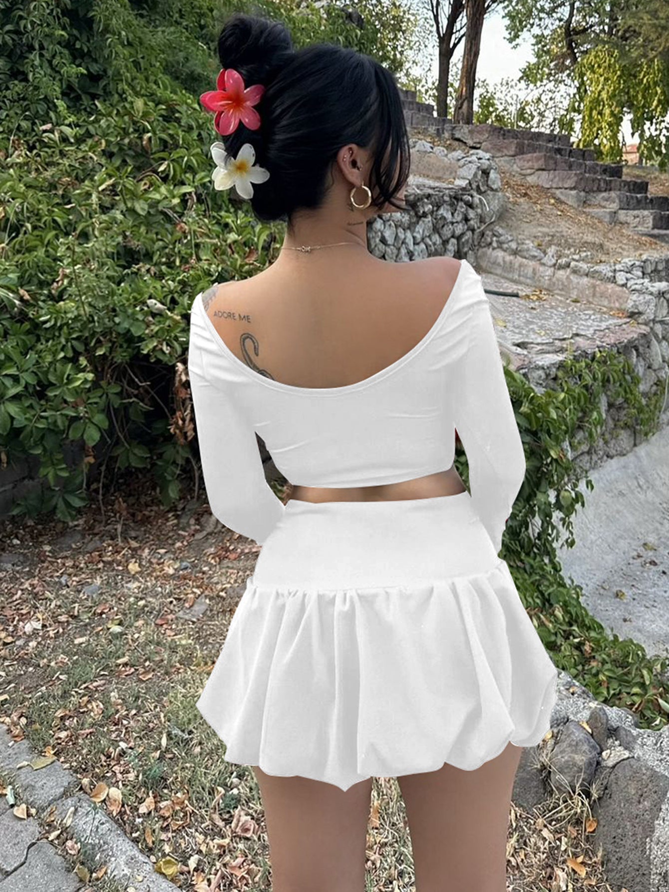 Women Long Sleeve Top and Pleated Skirt Winter Solid Sexy Two-piece Set 7