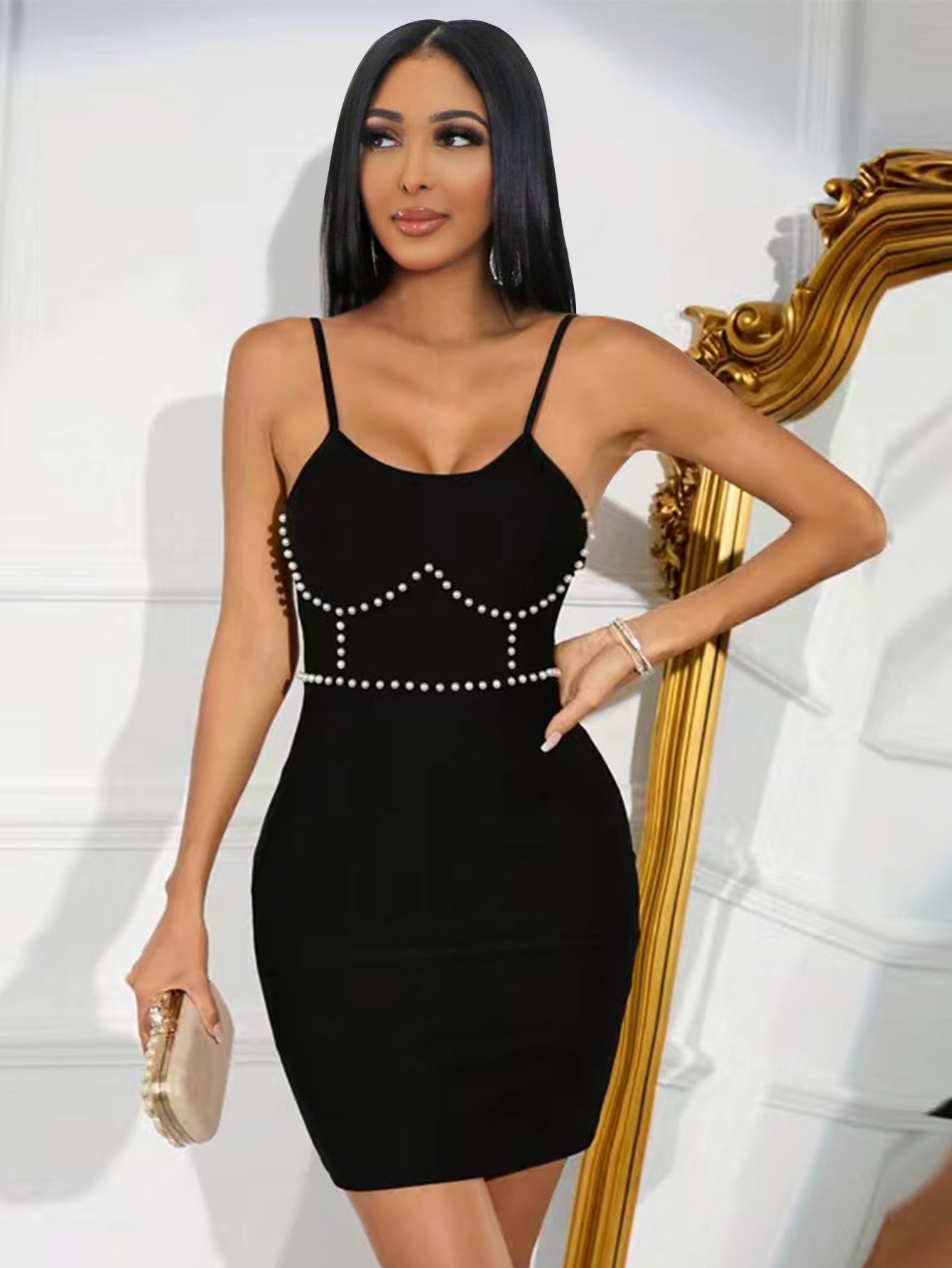 Women Solid Suspender Beaded Backless Bodycon Dress 3
