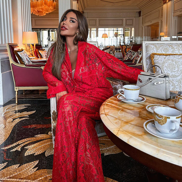Women Lace See-Through Turndown Collar shirt and trousers Two Piece Set
