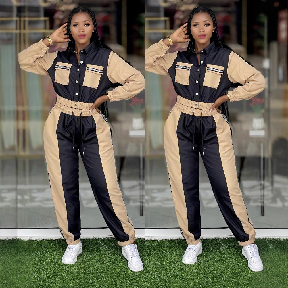 Women color matching Top and multi-pocket trousers Casual Two Piece Set 5