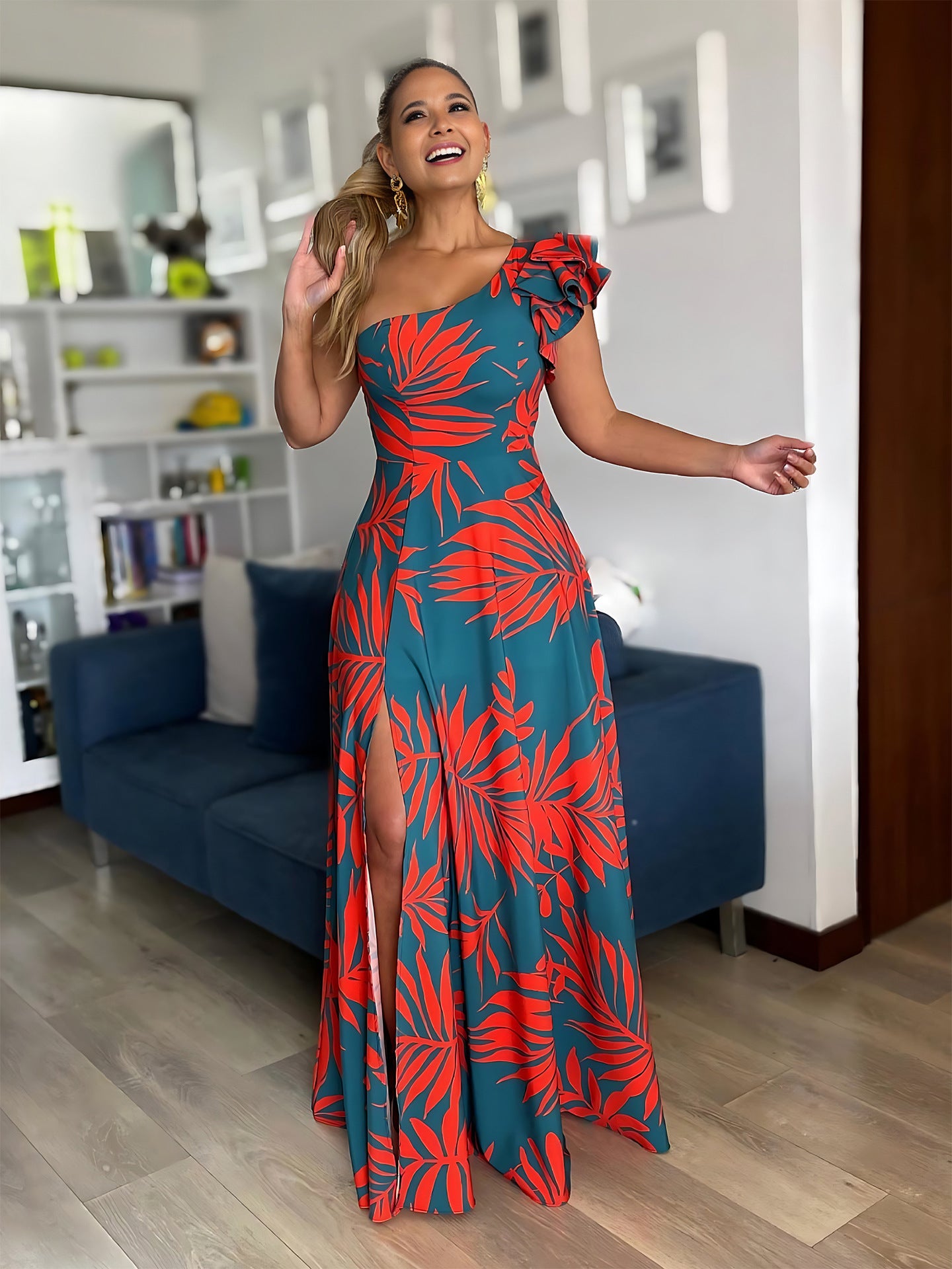 Women's Slash Shoulder Sexy Slit Printed Formal Party Evening Dress 3