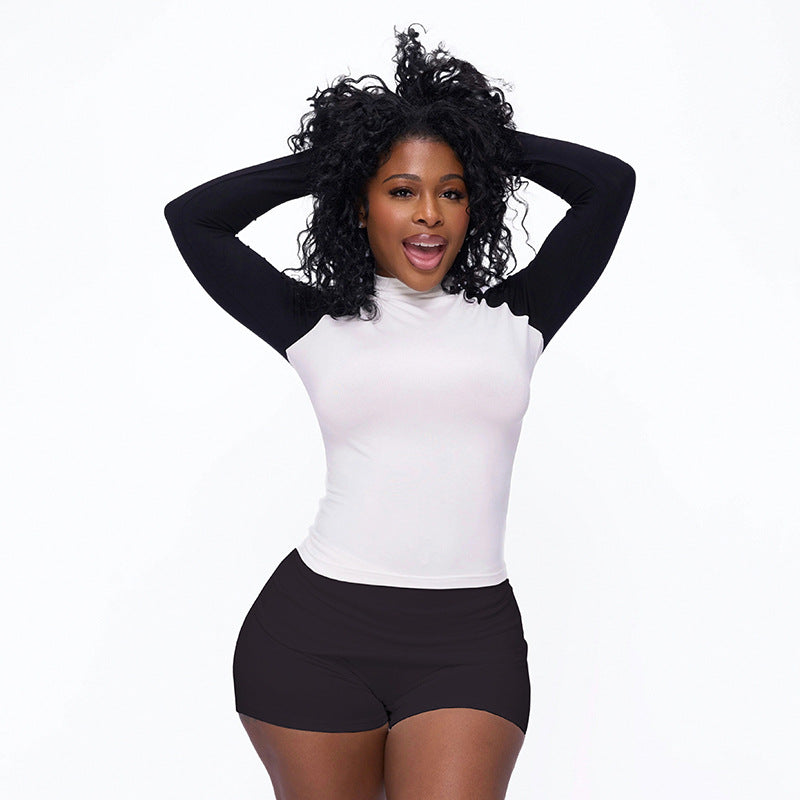 Women’s Activewear Contrast Color Sportswear Long-Sleeve Top Shorts Two Piece Set 6