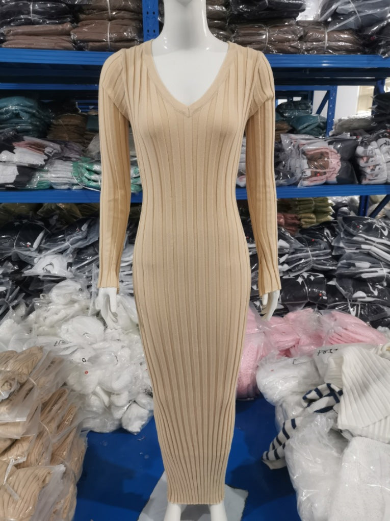 Autumn And Winter Casual Slim Waist V-Neck Wide Ribbed Slim Fit Knitting Long Dress For Women 17