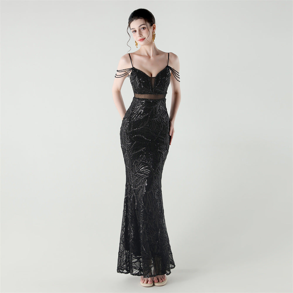 Women beaded cross Lace-Up v-neck fishtail Formal Party evening dress