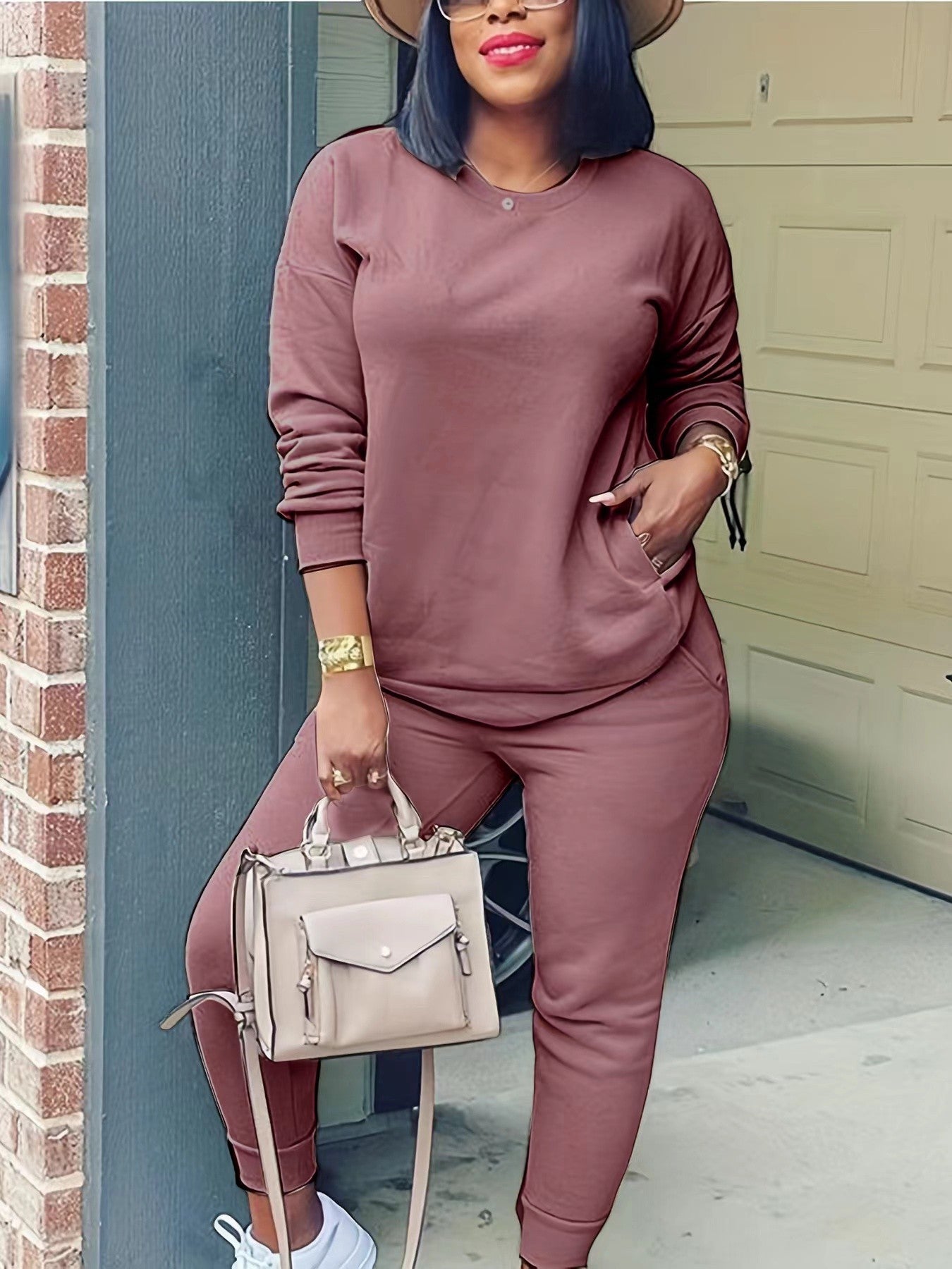 Fashionable Autumn Winter Long Sleeve Solid Color Street Casual Two-Piece Pants Set 3