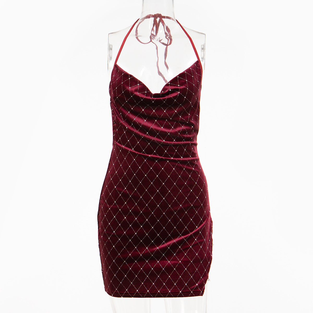 Women sexy Halter Neck chain Backless suspender velvet dress 8