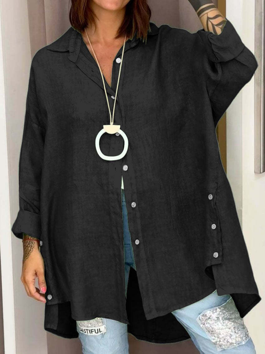 Summer solid color women's loose regular nine-point sleeve linen shirt 3
