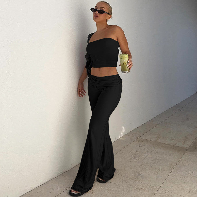 Women Fall Solid Strapless Top and Bell Bottom Long Pants Two-piece Set 11