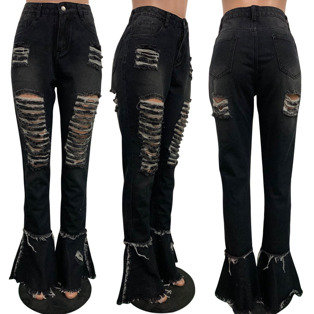 Women's Fringed Ripped Classic Denim Ruffle Trouser 15