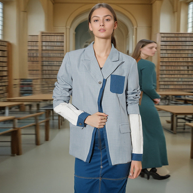 Women Autumn and Winter Fake Two Piece Patchwork Denim Blazer