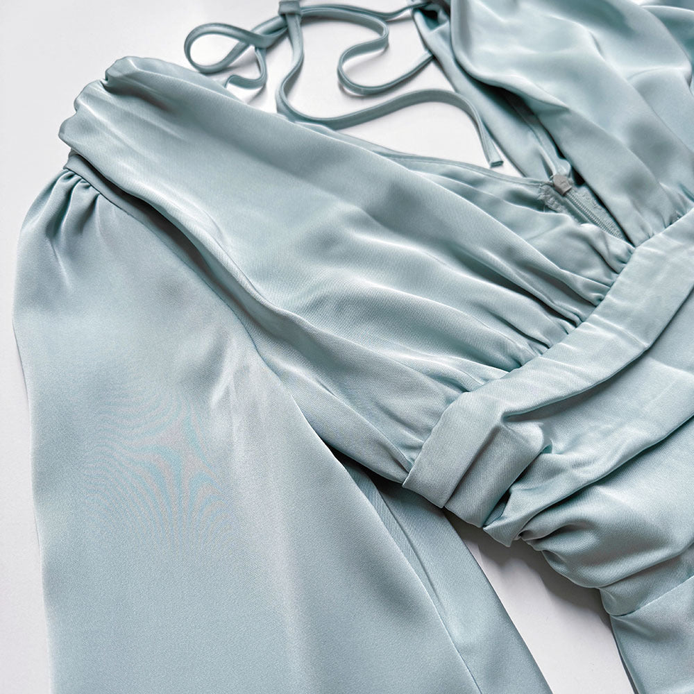 Bell Sleeve Solid Long Sleeve Sexy V-Neck Slim Waist Mini Party Dress 16