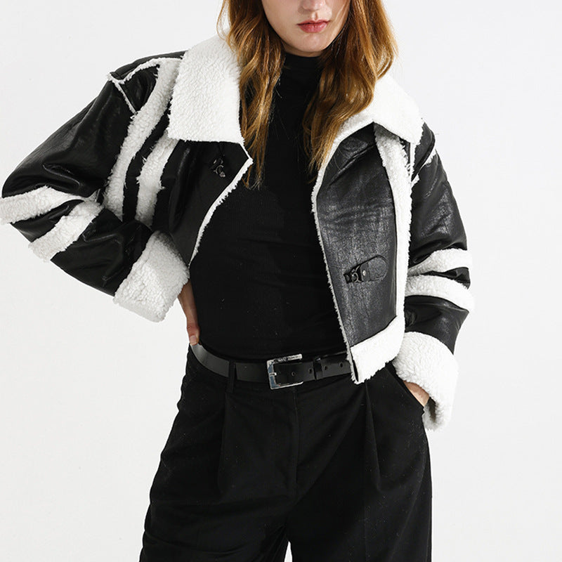 Women's Winter Contrast Color Patchwork Lambswool Fur Jacket 4