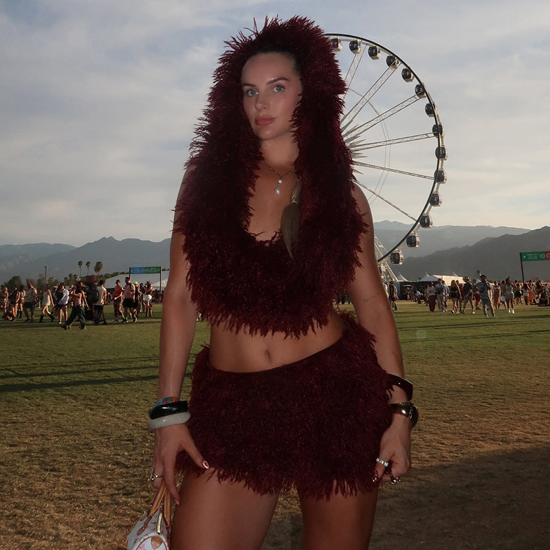 Women's Faux Fur U-Neck Hooded Low Back Top & Skirt Two-Piece Set 10