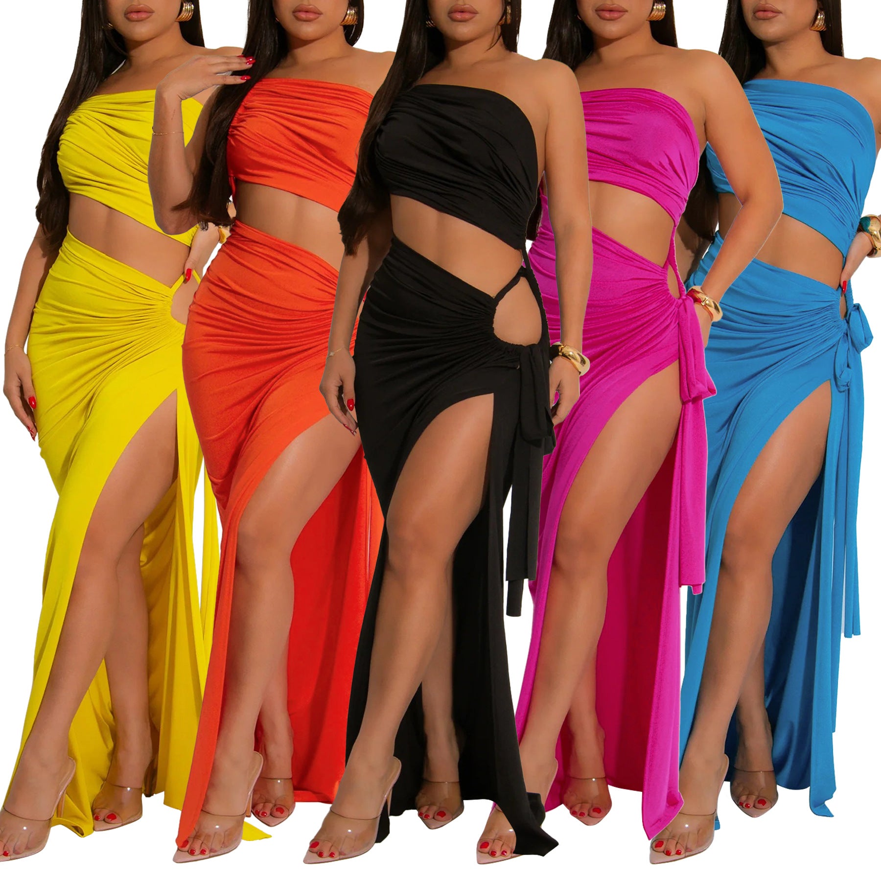 Fashionable women's solid color slash shoulder sexy slit dress 7