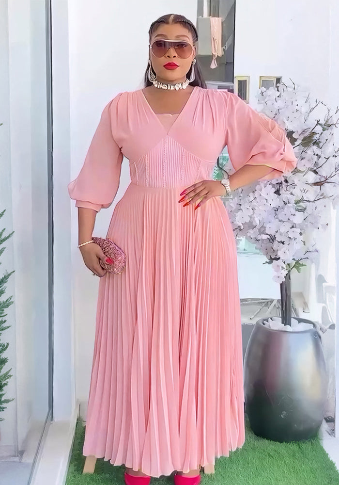 Plus Size African Women elegant v-neck pleated dress