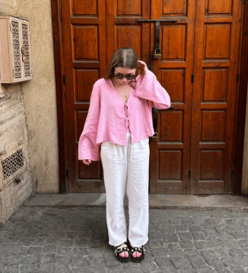 Women's Deep V Bell Bottom Sleeve Lace-Up Tops 9