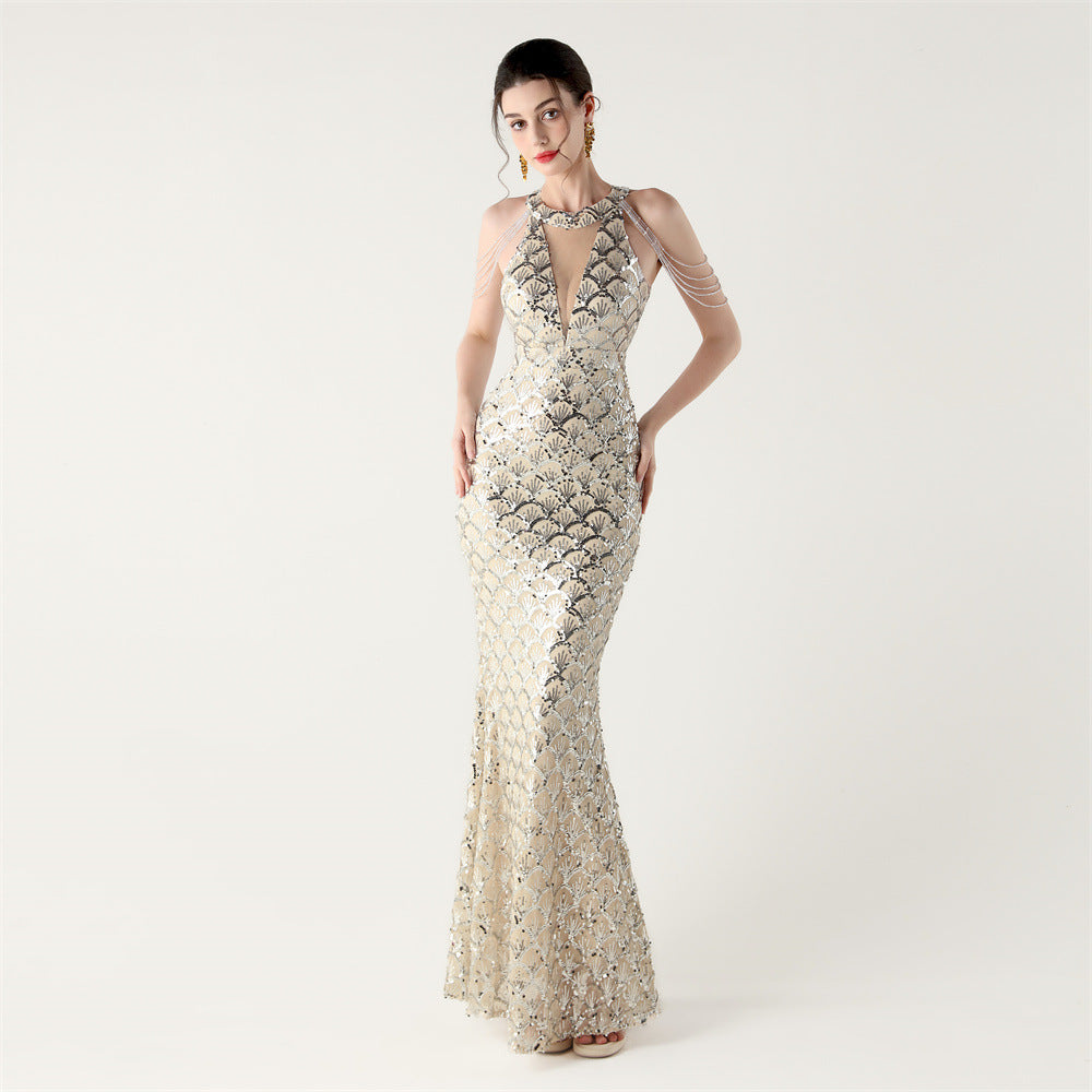 Sequin Fishtail Evening Dress Halter Neck Off-Shoulder Party Gown 4