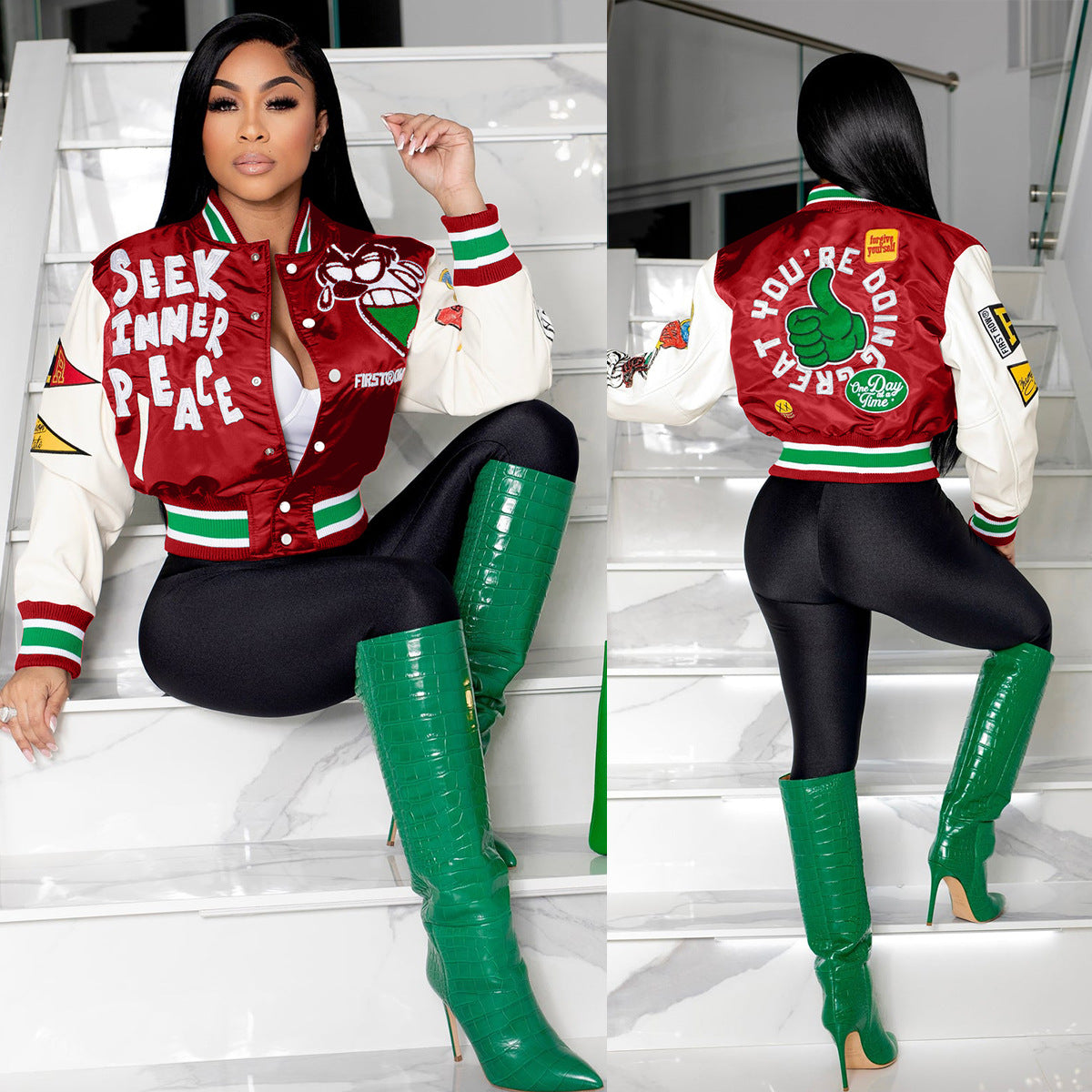 Positioning Print Ribbed Fashion Women's Top Baseball Jacket 4