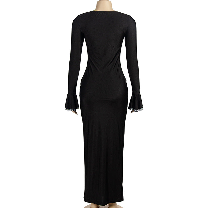 Spring Solid Color Sexy Low-Cut Bell Bottom Sleeve Long Slim High Waist Women's Dress 8