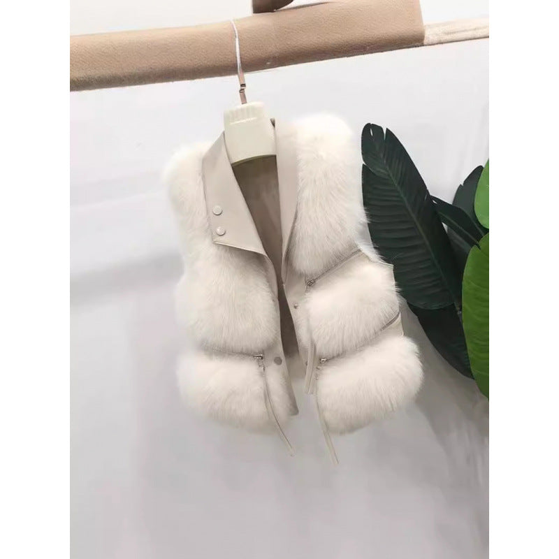 Autumn Winter Fox Fur Vest Turndown Collar Zipper Short Patchwork Faux Fur Fashion Sleeveless Coat 9