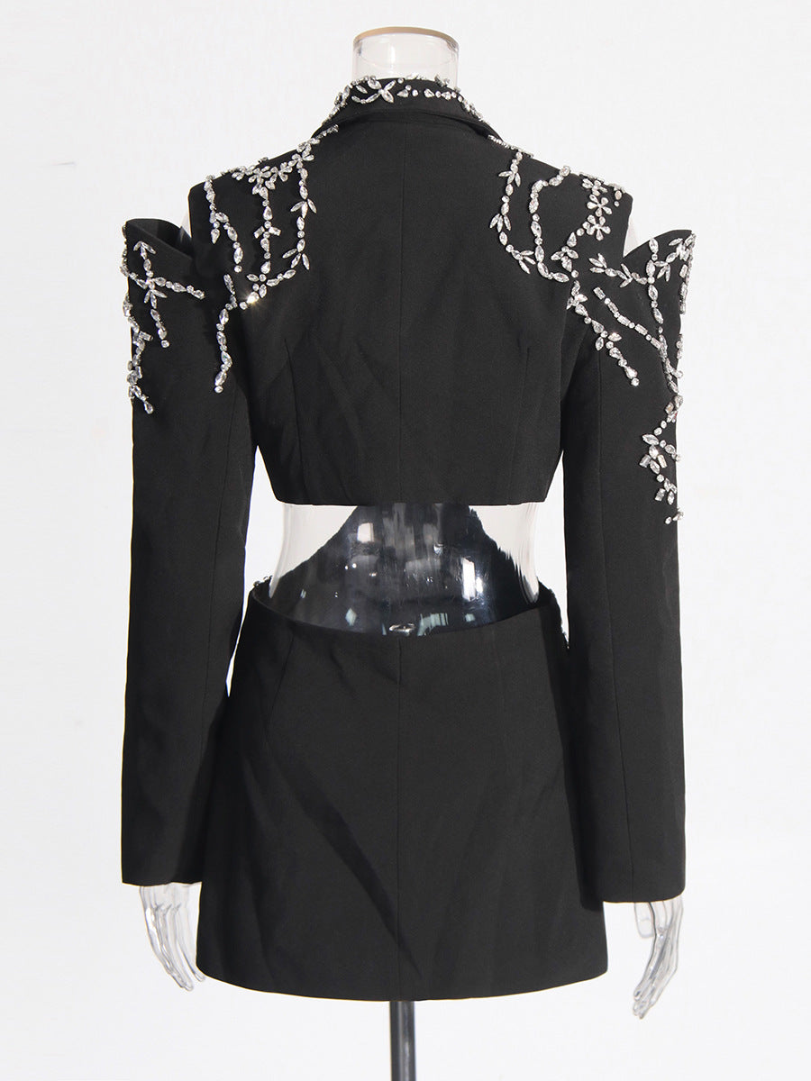 Women rhinestone beaded Open Waist long sleeve Blazer 5