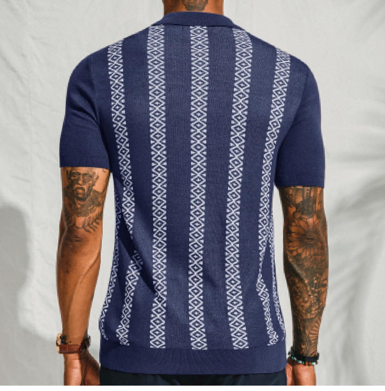 Men's Summer Striped Jacquard Knitting Short Sleeve Polo Top 8
