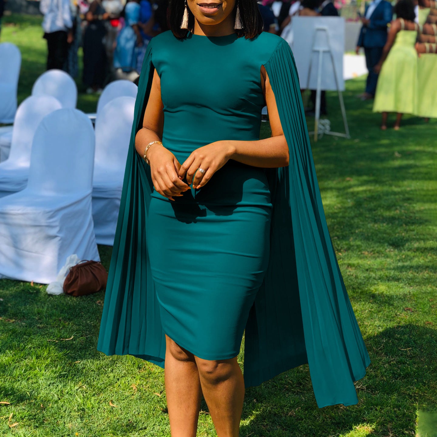 Women's Fashion Solid Color Round Neck Pleated Shawl Sleeve Formal Party Evening Dress 6