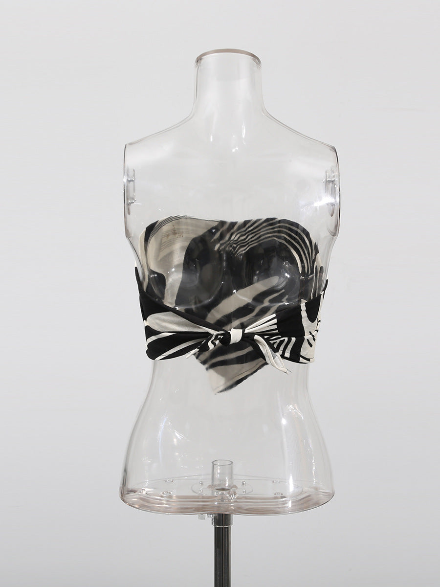 Sexy Strapless Low Back Top + Fashion Print Straight-Leg Pants Two-Piece Set 4