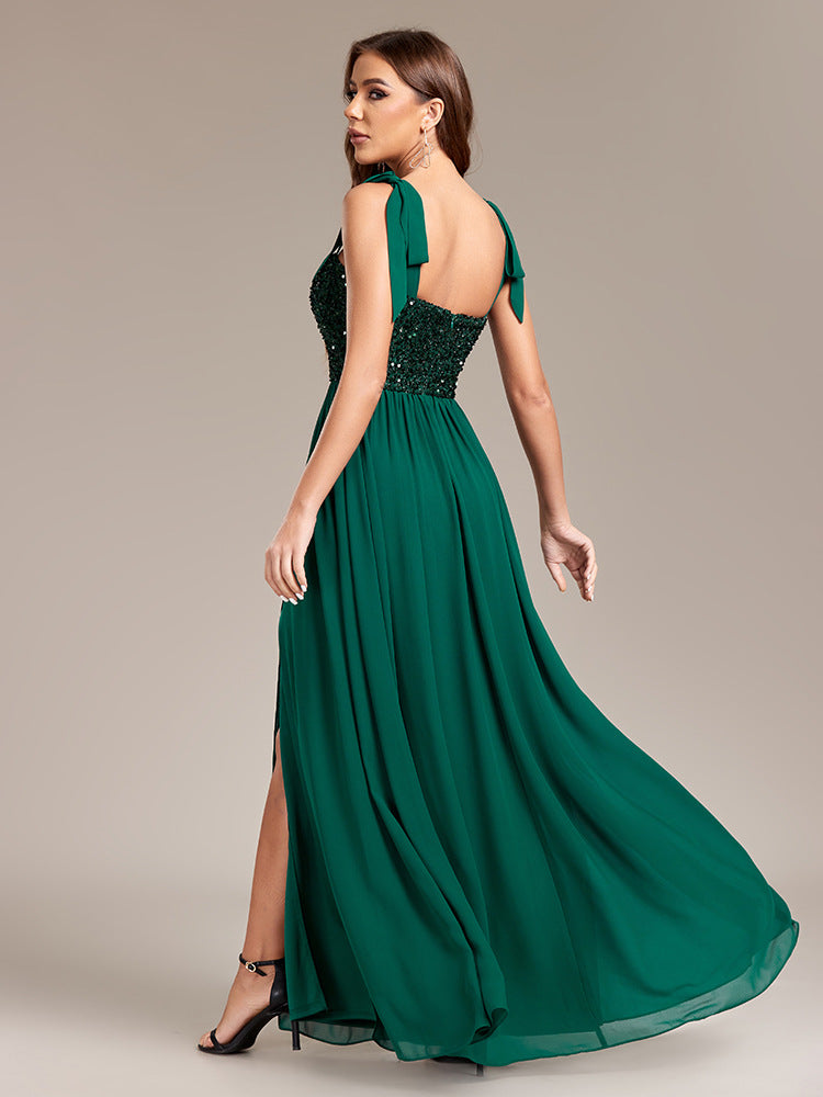Women Sequin Patchwork Chiffon Backless Slit Party Prom Evening Dress 3