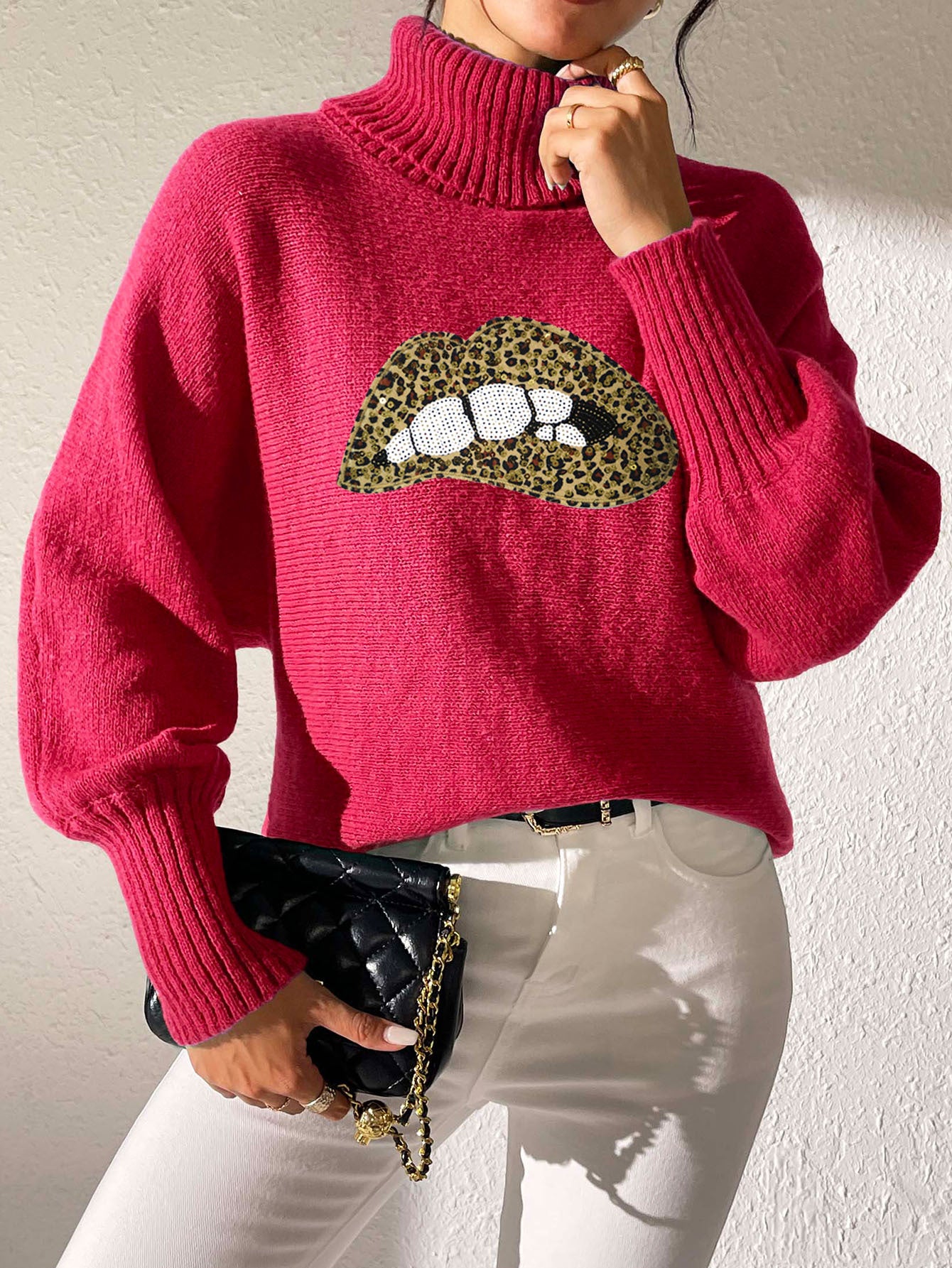Autumn Winter Women's Sequin Lips Embroidery Turtleneck Pullover Sweater 7