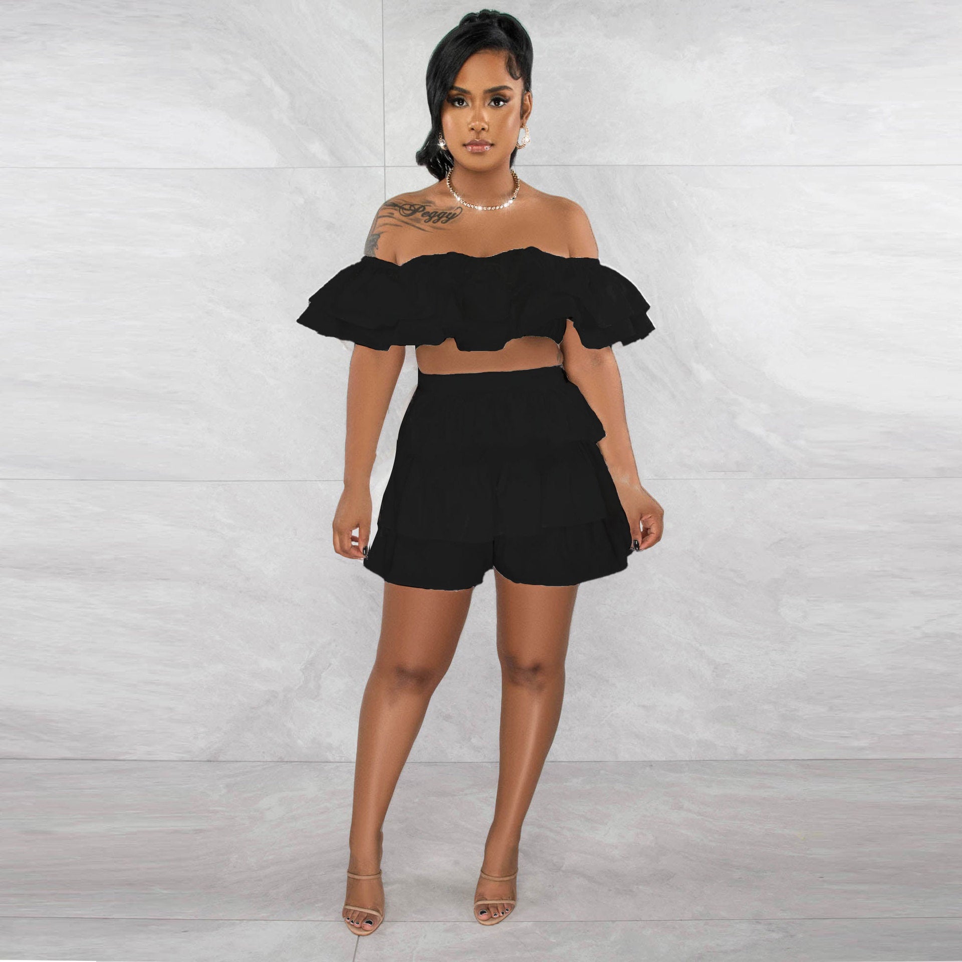 Women Sexy Ruffle Top and Shorts Two-Piece Set 3
