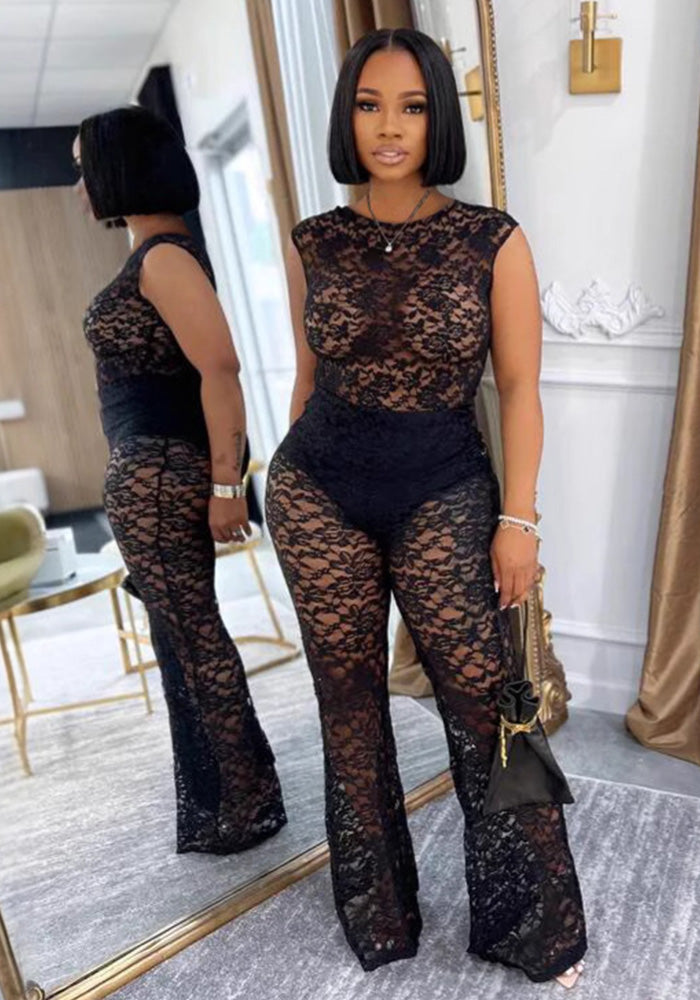 Women Elegant See-Through Lace Top and Pants Two Piece