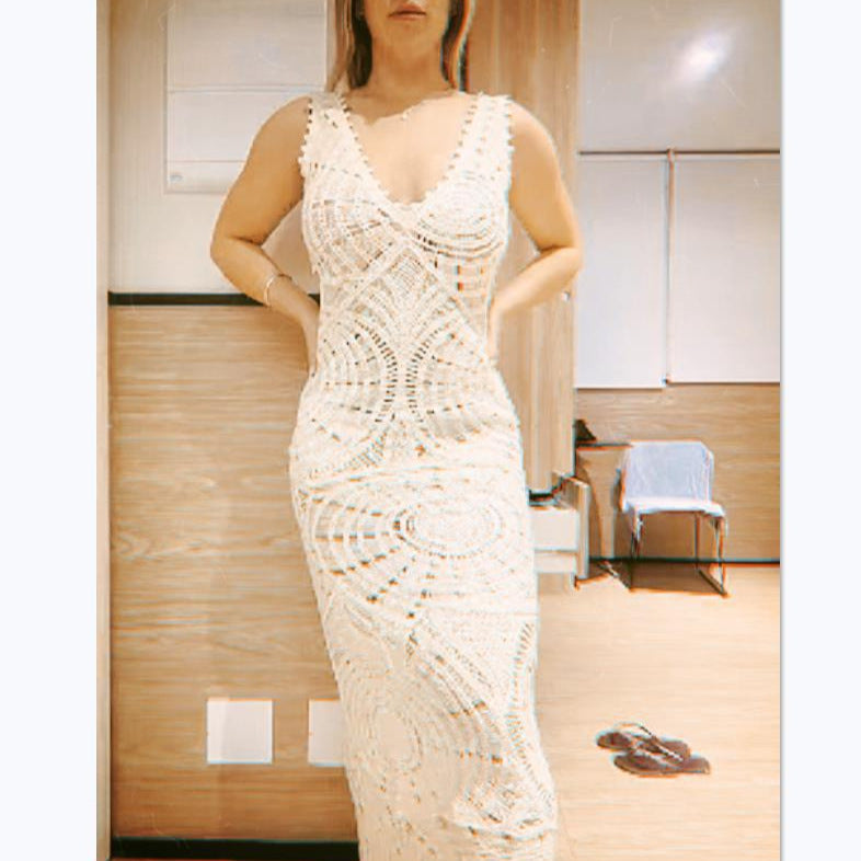 Women Knitting Hollow V-neck Dress Beach Dress