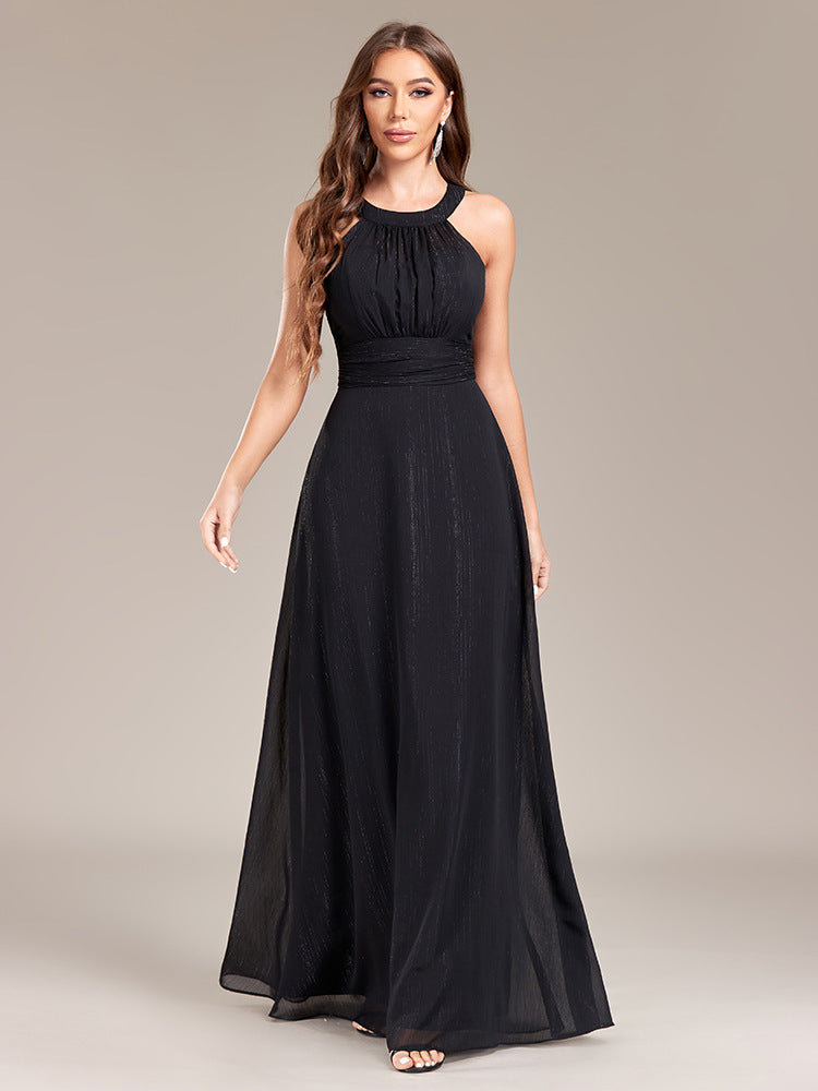 Halter Neck Low Back Pleated Slim Waist Formal Party Black Evening Gown 4