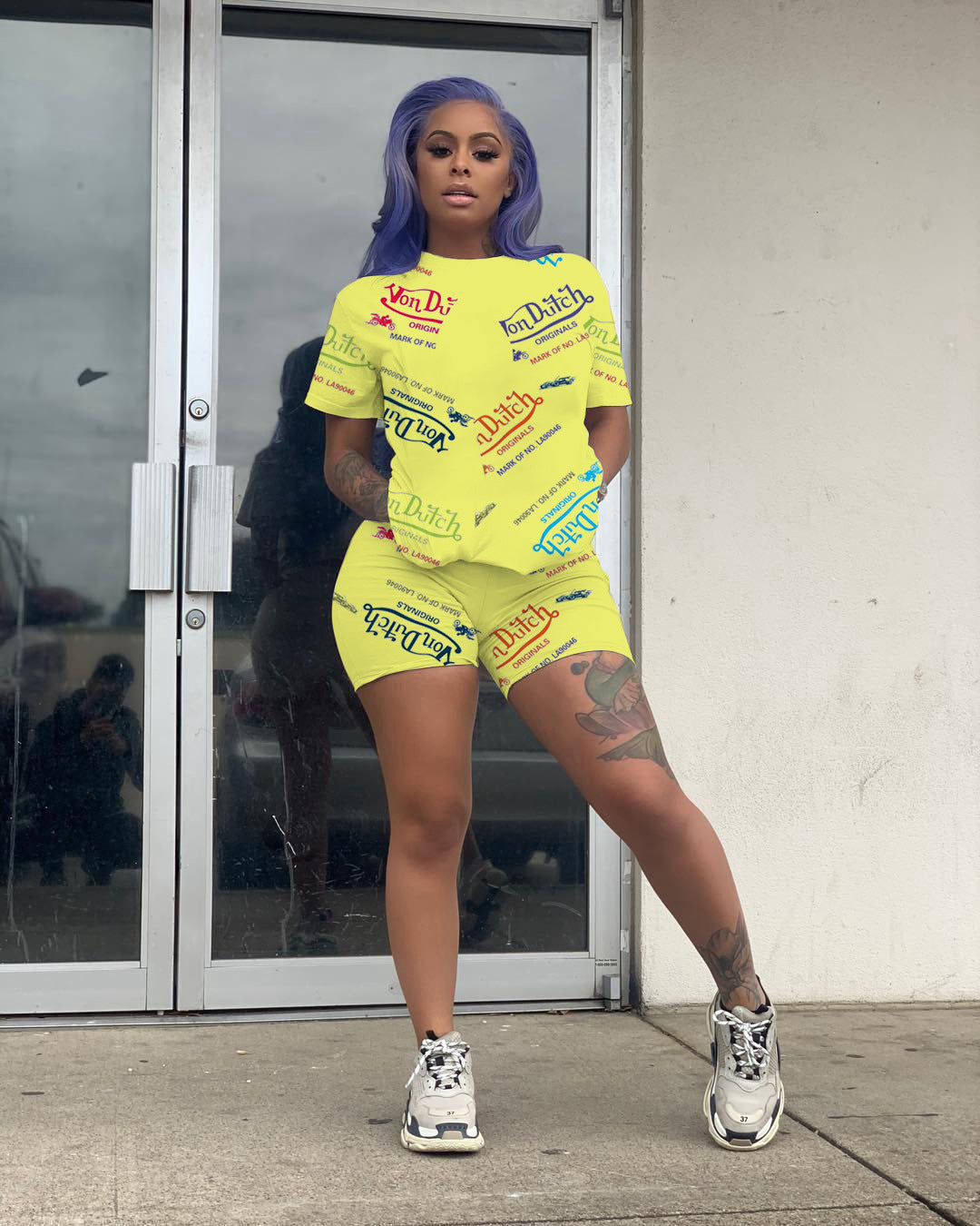 Women Sexy Letter Print Round Neck Short Sleeve Top and Shorts Two Piece Set 8