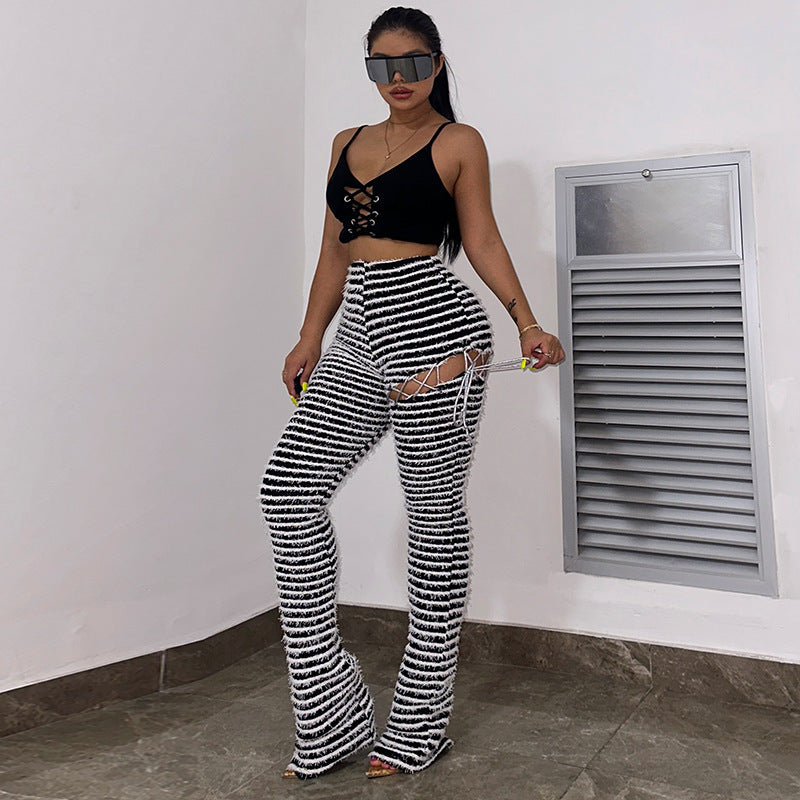 High-Waist Striped Patchwork Slim Fit Pants 3