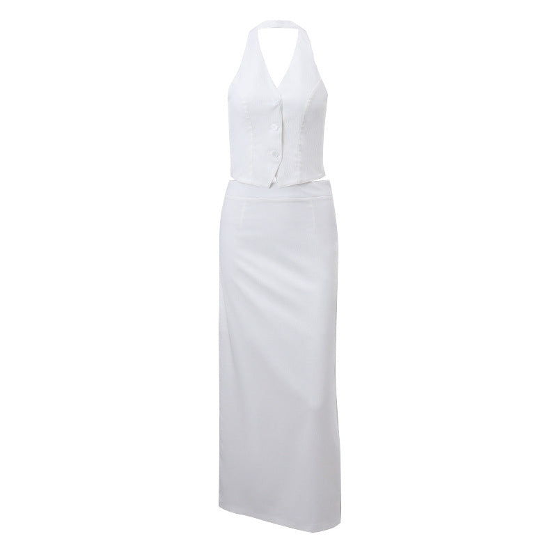 Women sexy V-neck Halter Neck Top and slit skirt two-piece set 6
