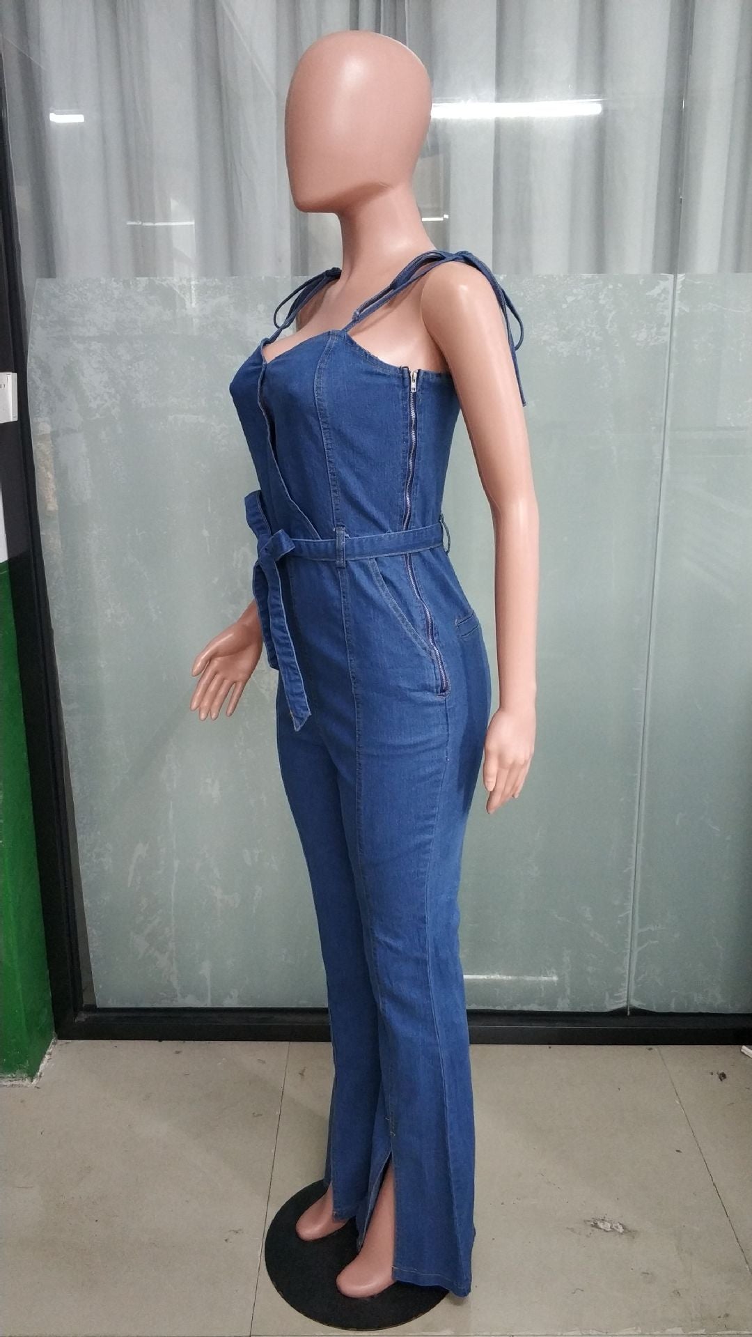 Women Casual Sexy Denim Slit Jumpsuit 7