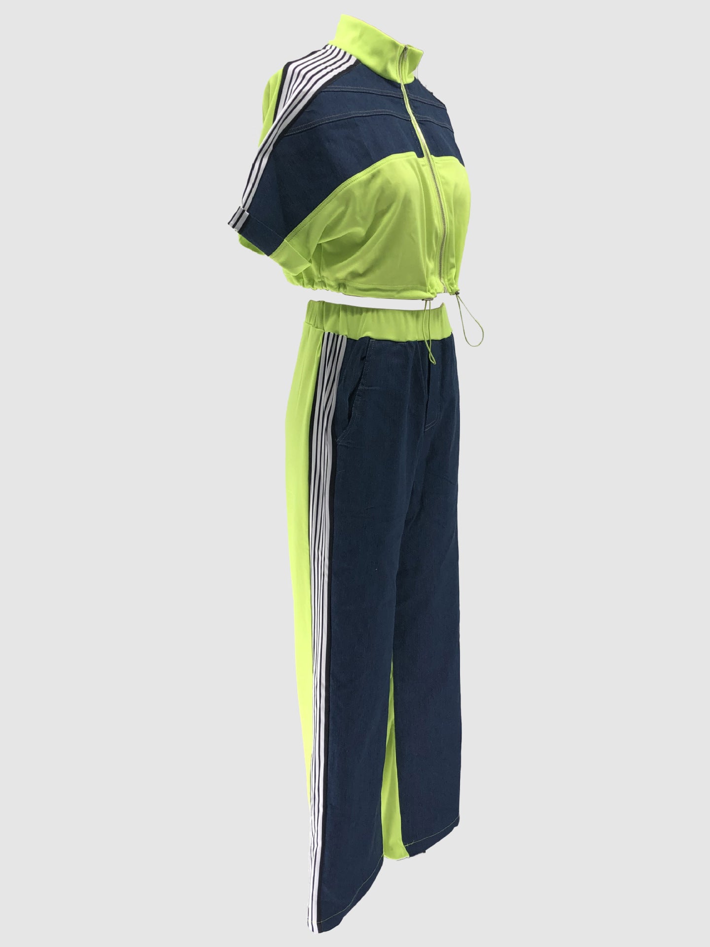 Women Color Blocking Contrast Sports Casual Top + Wide Leg Pants Two-piece Set 17