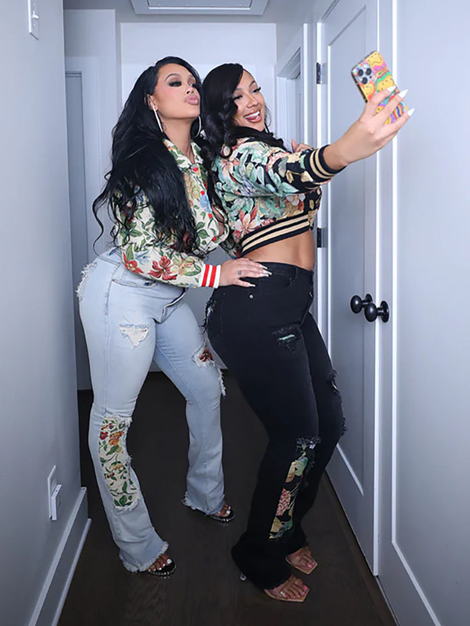 Spring jacquard women's long sleeve turndown collar short jacket 7