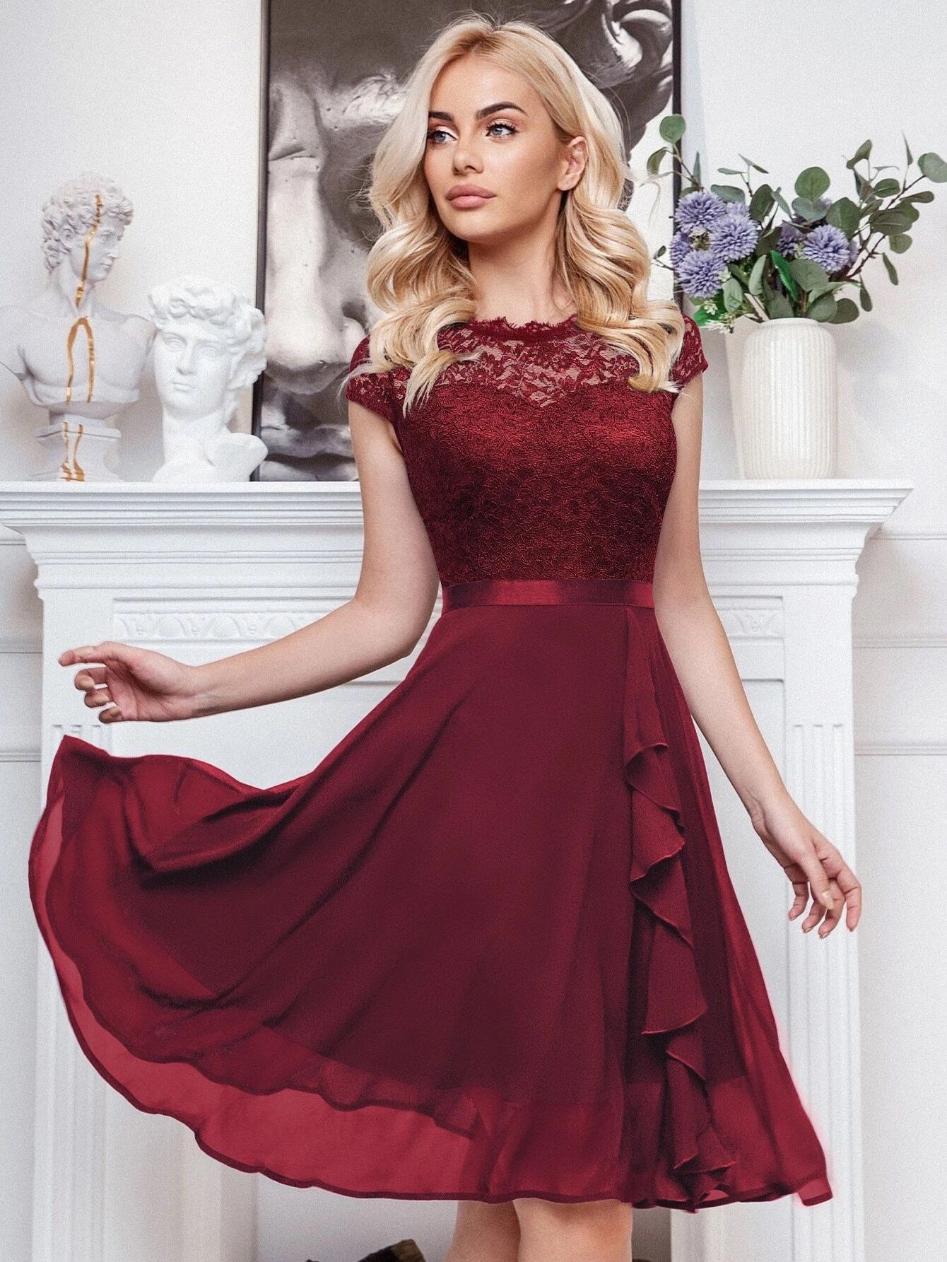 Summer Half-High Collar Short-Sleeved Lace Mid-Length Chiffon Patchwork Elastic Belt Dress 6