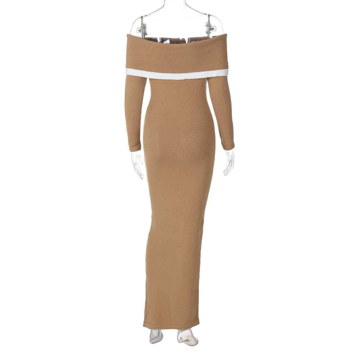 Women Knitting Winter Sexy Off Shoulder Contrast Bodycon Dress 7