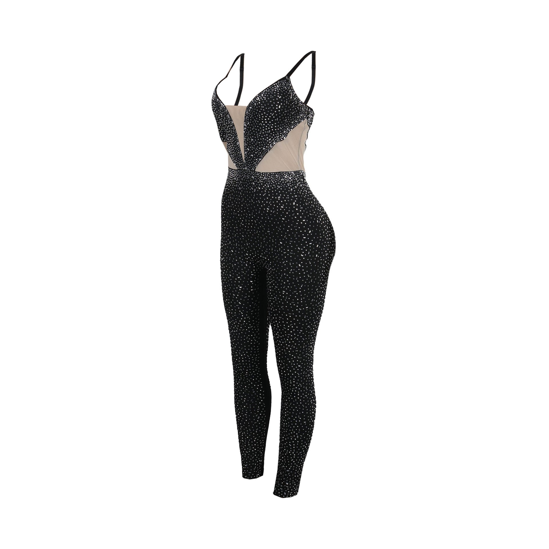 Women Beaded Stretch Suspender Bodycon Jumpsuit 13