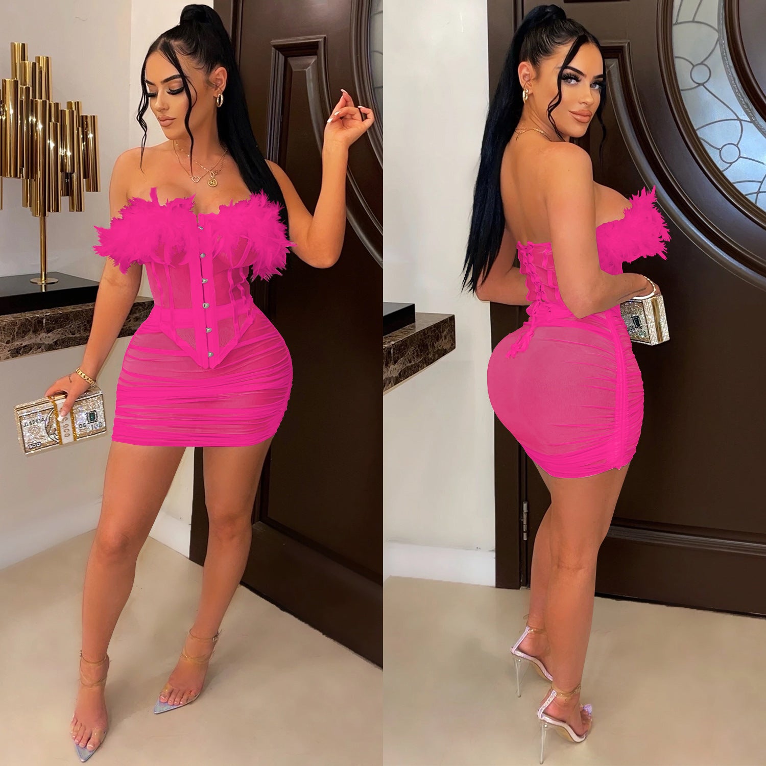 Solid Mesh See-Through Feather Lace-Up Strapless Tank Top Ruffled Midi Skirt Two Piece Set 8