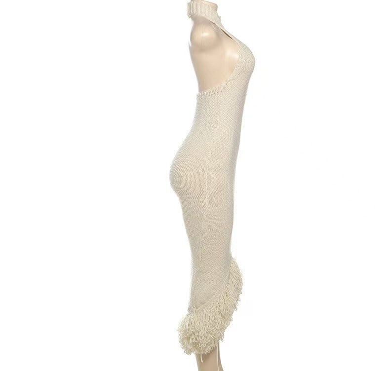 Women’s Sexy Halter Neck Low Back High-Waist Bodycon Fringe Knit Dress 11