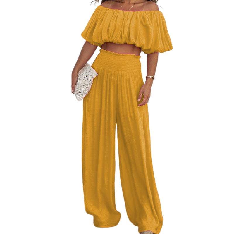 Spring Women's Fashion Casual Off Shoulder Top + Wide Leg Trousers Two-Piece Set 8