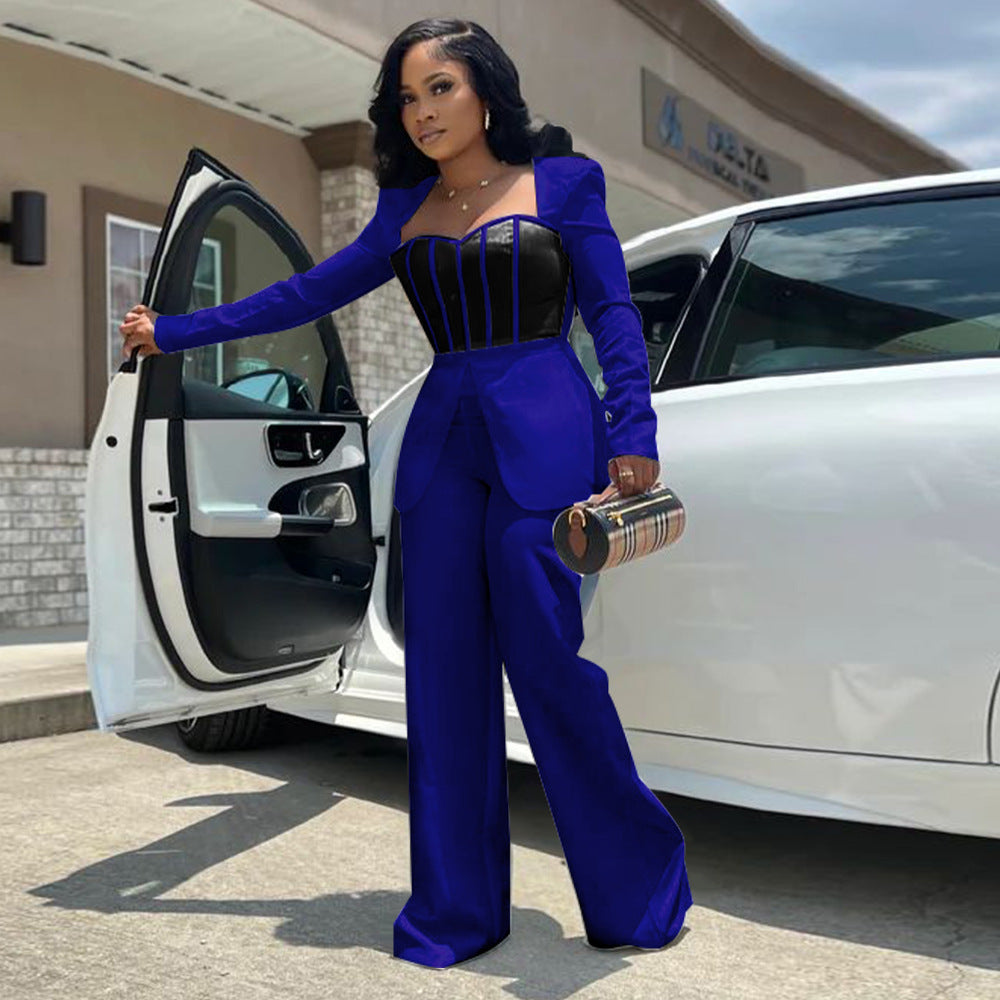 Women's Sexy Slim Waist Contrast Patchwork Long Sleeve Wide Leg Jumpsuit 5