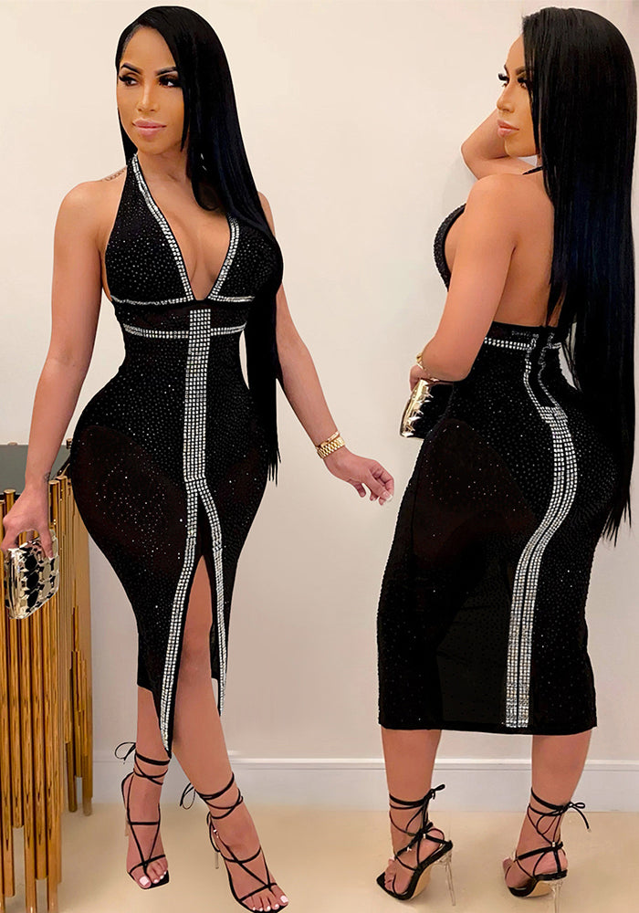 Women Sexy V-Neck Lace-Up Backless Beaded Dress