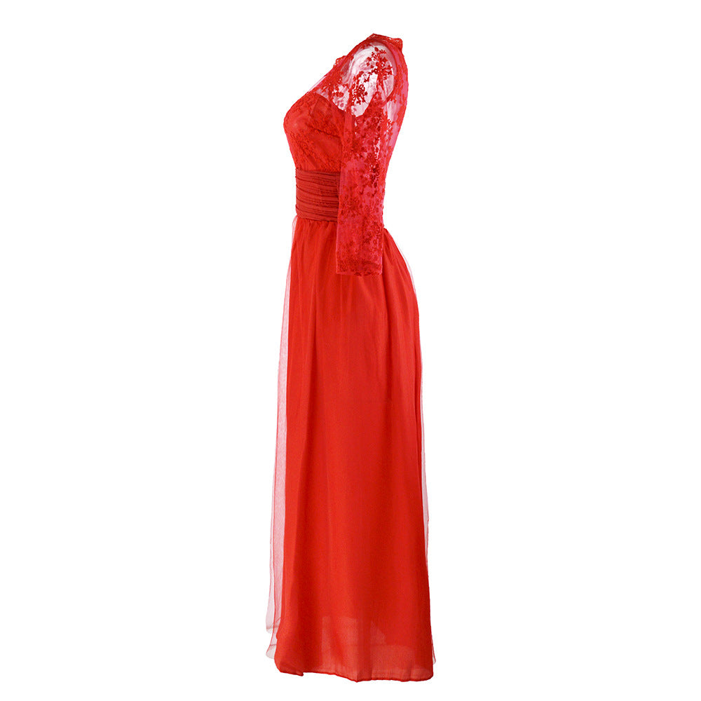 Autumn Women's Red Long Sleeve Lace See-Through Evening Gown 15