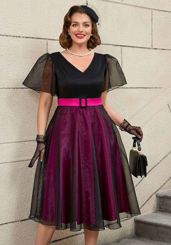 Plus Size Mesh Patchwork V-Neck A-Line Party Dress
